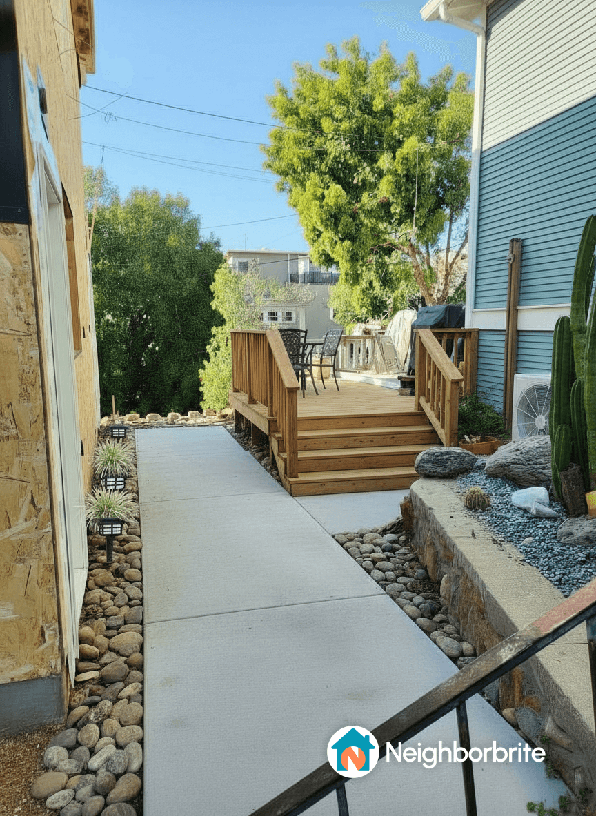 A walkway leading to a wooden deck, with landscaping and construction in the background.