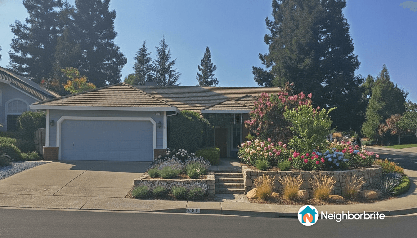 A beautiful home with landscaped yard and flowers.
