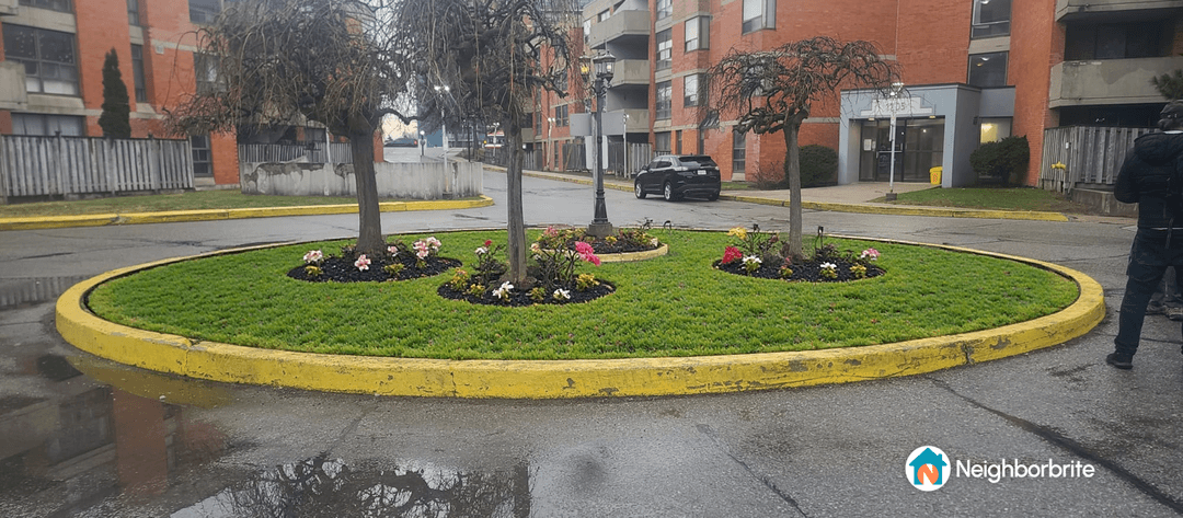 A landscaped roundabout with flowers and grass, asking for drought-tolerant options.