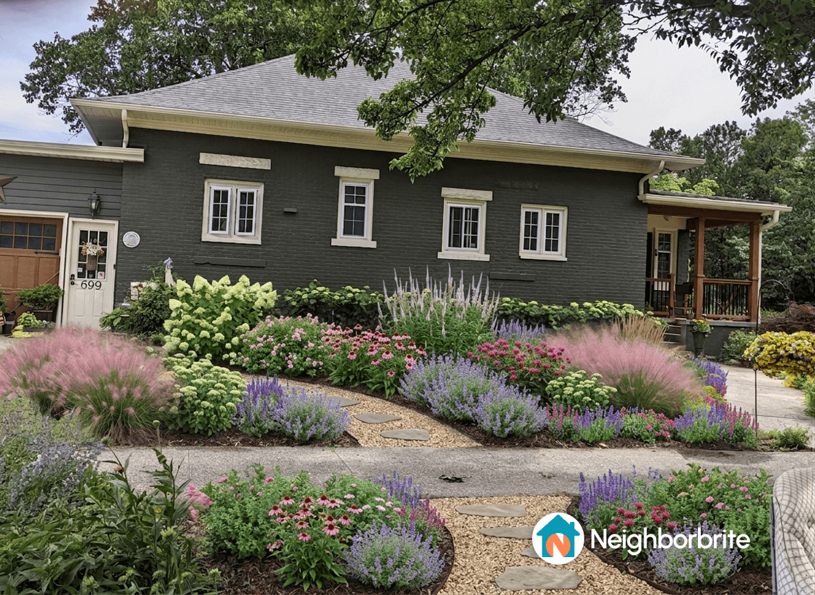 Colorful front yard with hydrangeas, pink muhly grass, and a pathway.