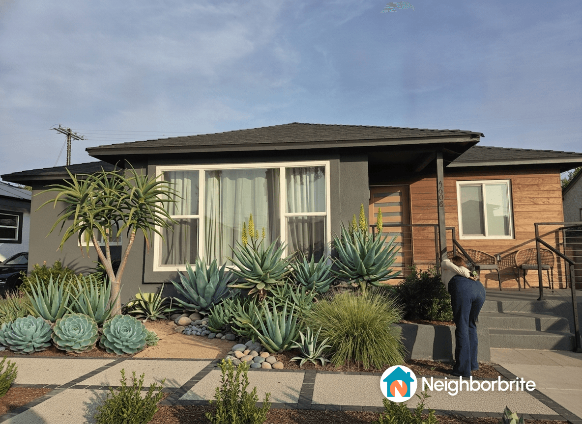 A modern home with a stylish landscape featuring succulents and a welcoming entrance.