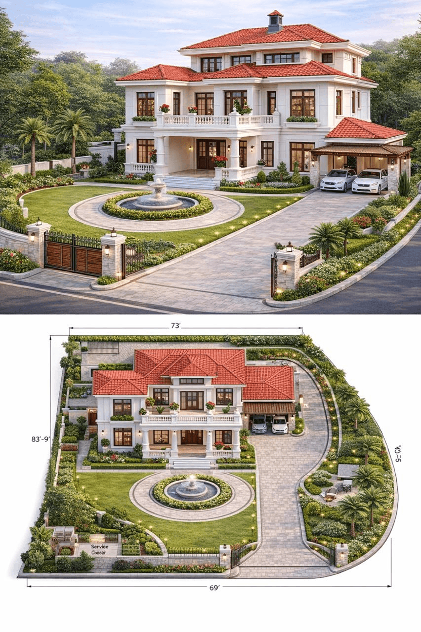 একটি বাড়ির ফ্লোর প্ল্যান এবং বাইরের দৃশ্যের ডিজাইন