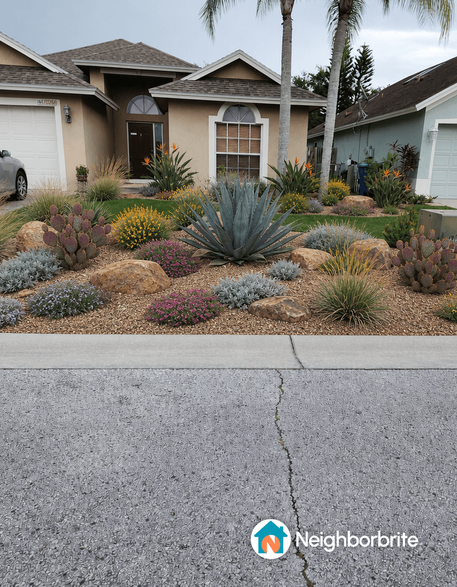 Colorful front yard landscaping with various plants and rocks.