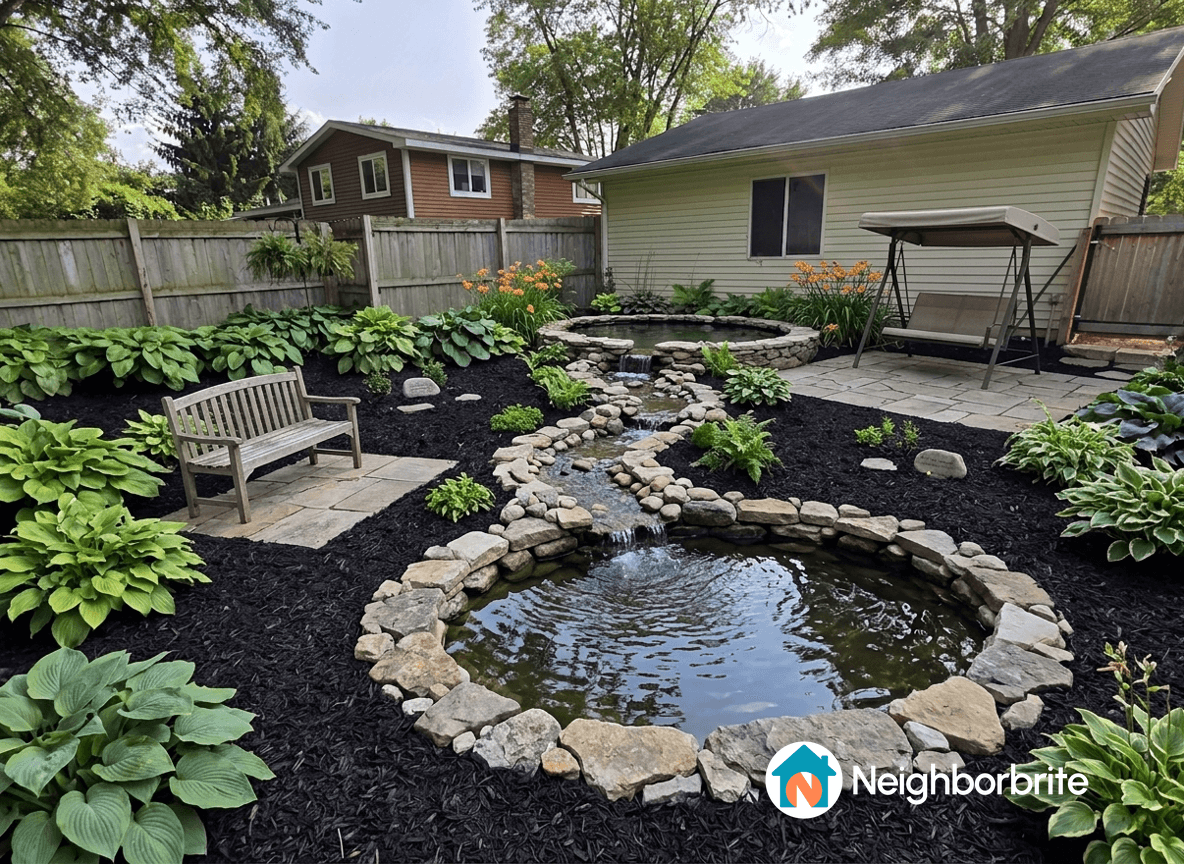 A beautifully landscaped backyard with a pond and seating area.