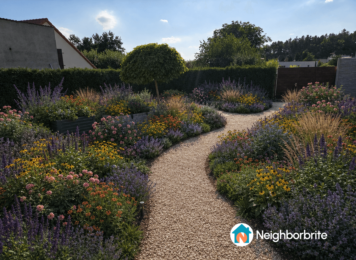 A vibrant garden with colorful flowers and a winding pathway.
