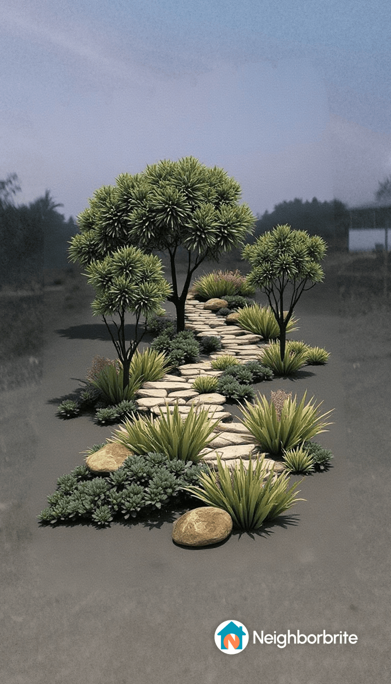 A tranquil pathway lined with lush greenery and flowering trees.