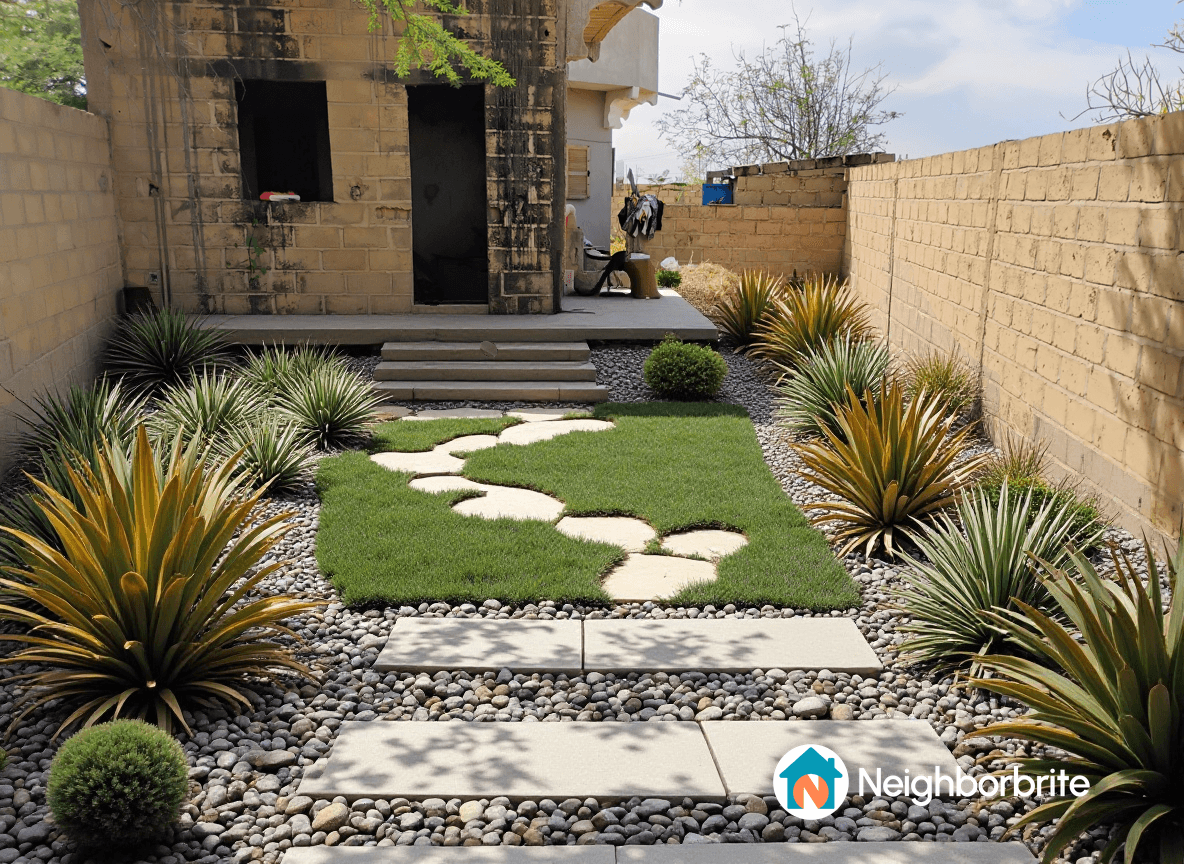 A landscaped area with grass, stones, and plants, considering pool placement.