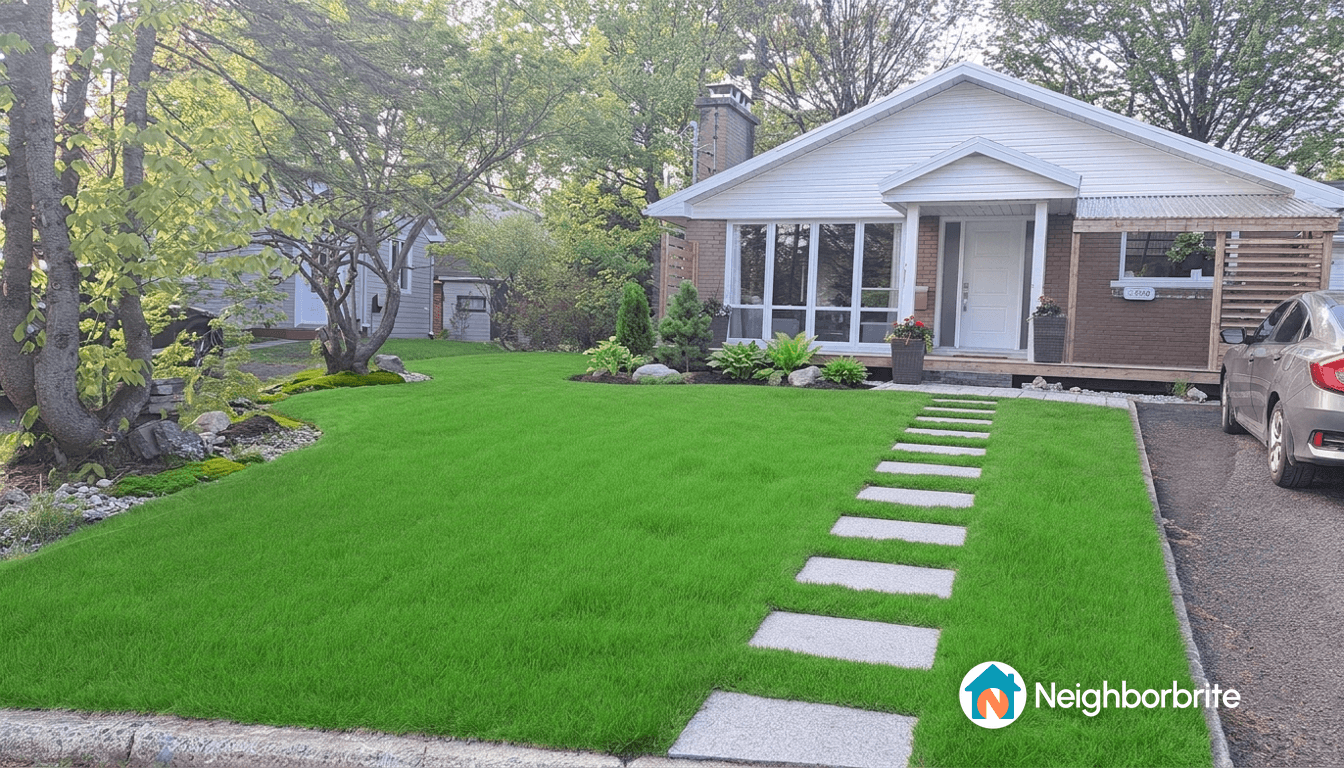 A well-maintained green lawn with stone pathways and landscaping.