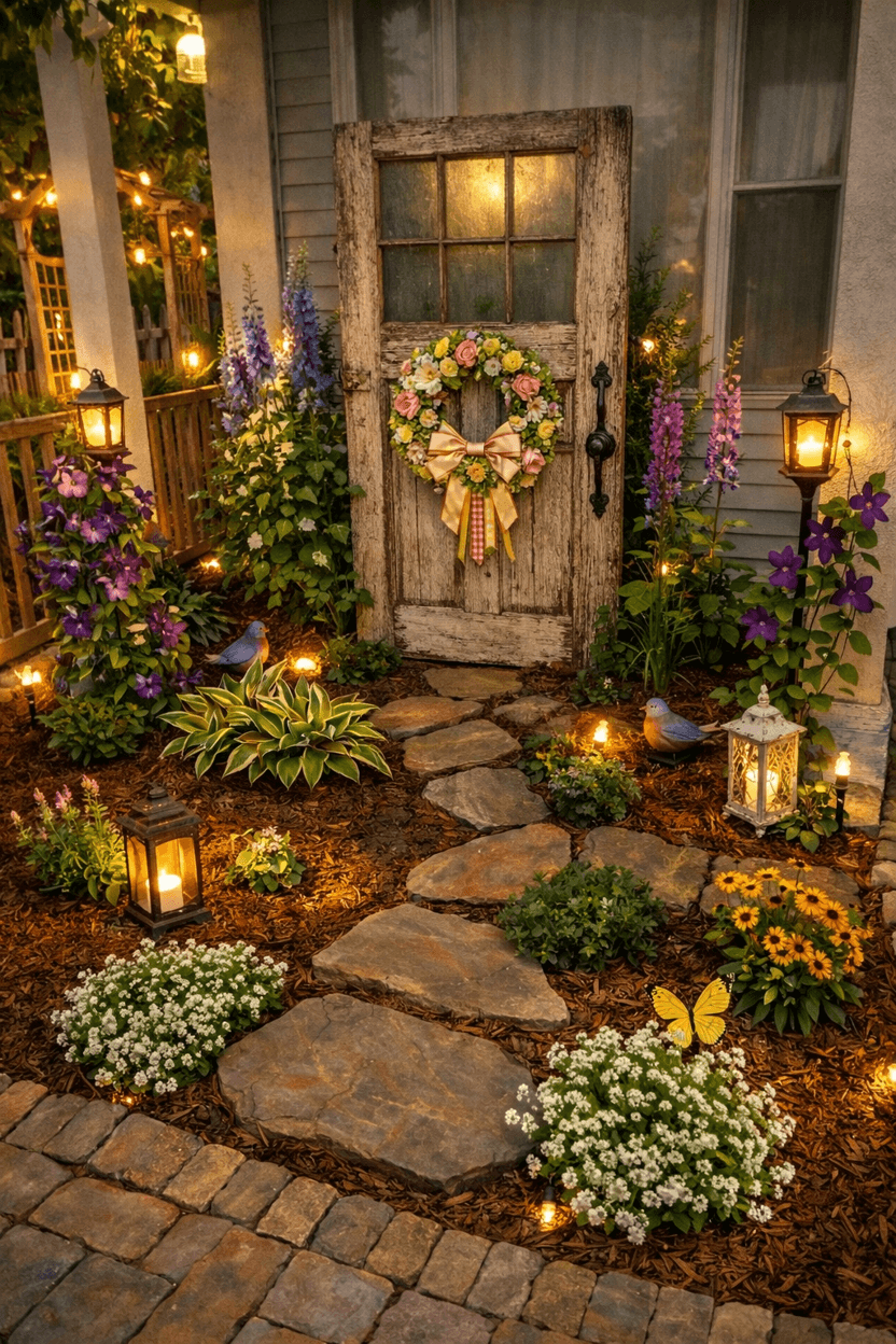 A charming garden entrance with flowers, lanterns, and a rustic door.