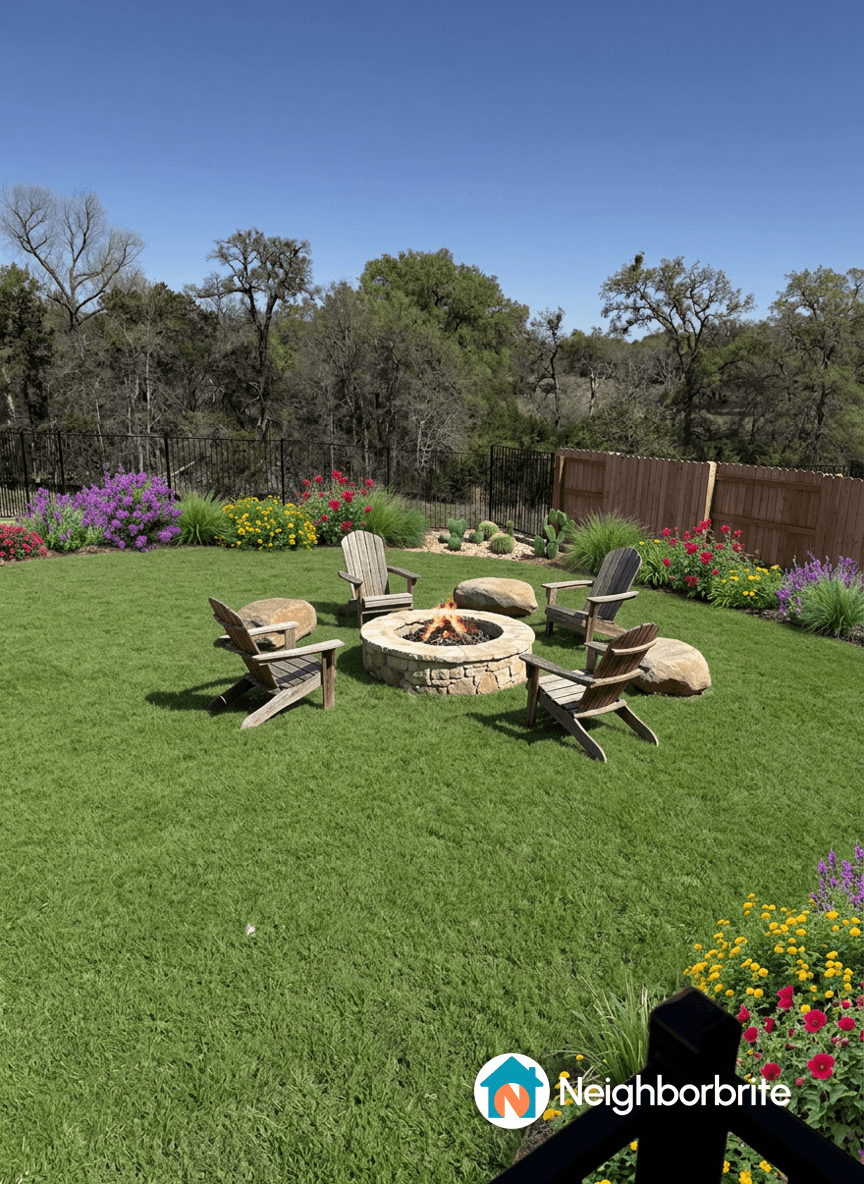 A cozy fire pit surrounded by chairs and flowers in a yard.