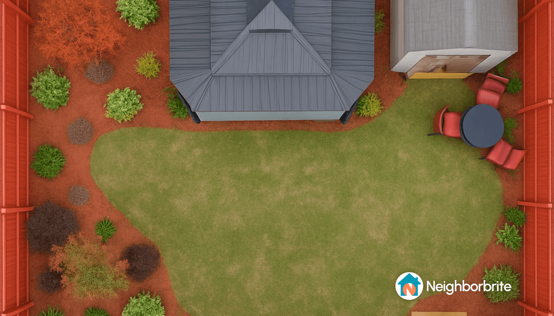 Aerial view of a yard with sloped terrain and landscaping features.