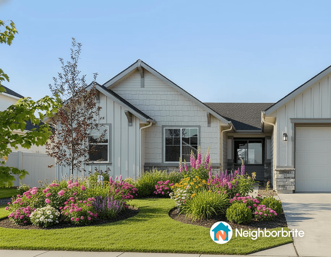A charming house with vibrant flower beds in the front yard.
