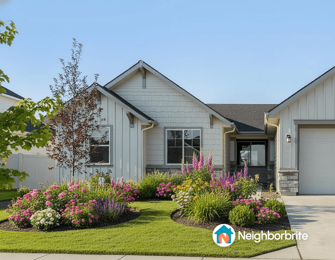 A charming house with vibrant flower beds in the front yard.