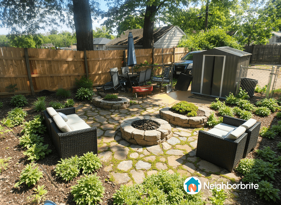 A landscaped backyard with seating, fire pit, and shed.
