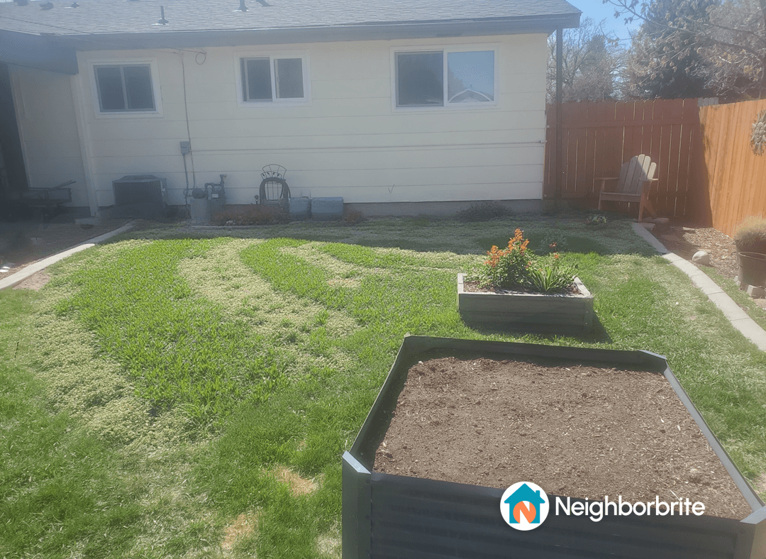 A backyard with grass and raised garden beds, seeking accessibility improvements.