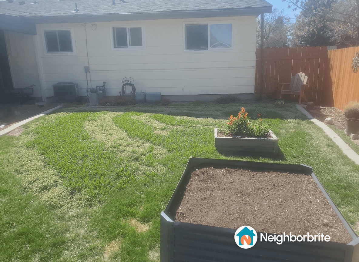 A backyard with grass and raised garden beds, seeking accessibility improvements.