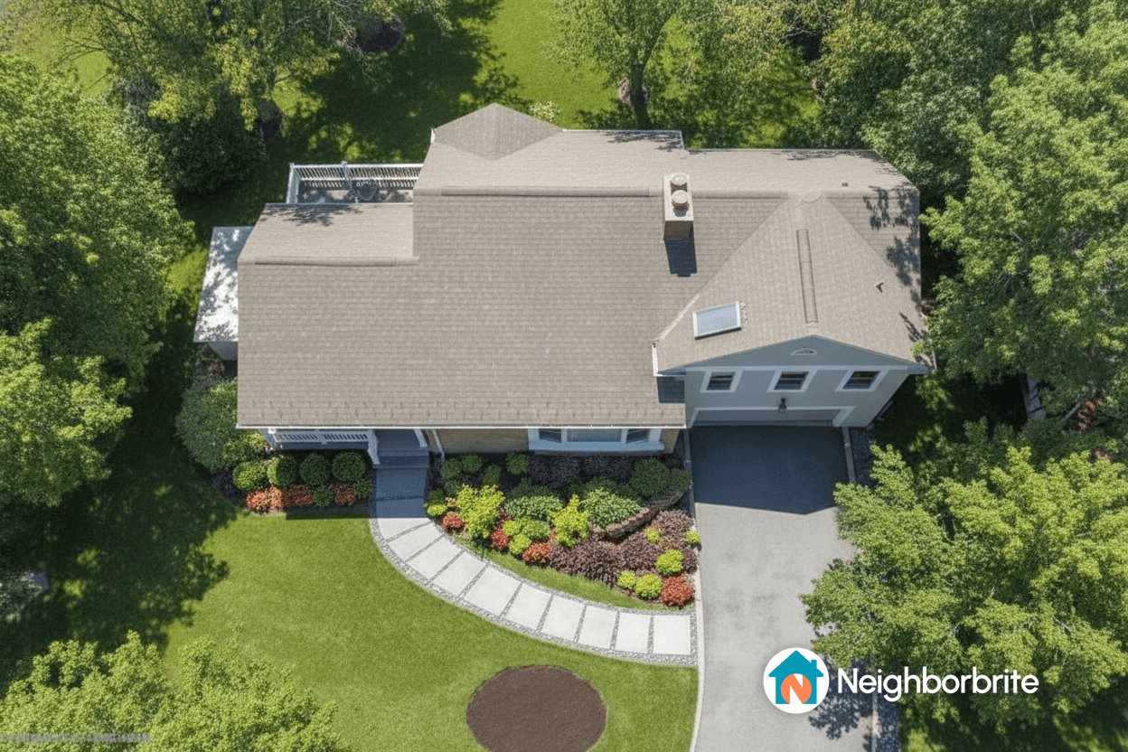 Aerial view of a home with landscaped garden and driveway.