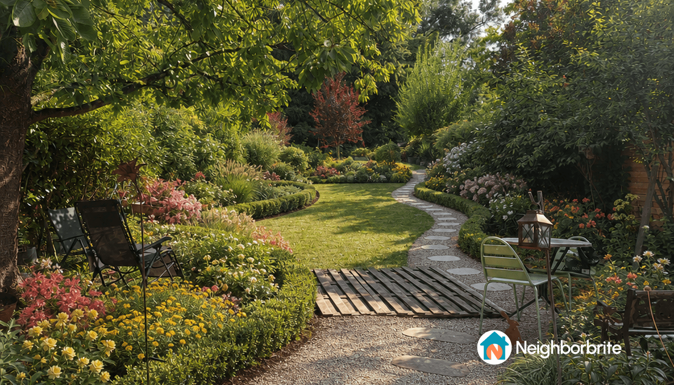 Un jardin bien aménagé avec des fleurs colorées et un chemin en pierre.
