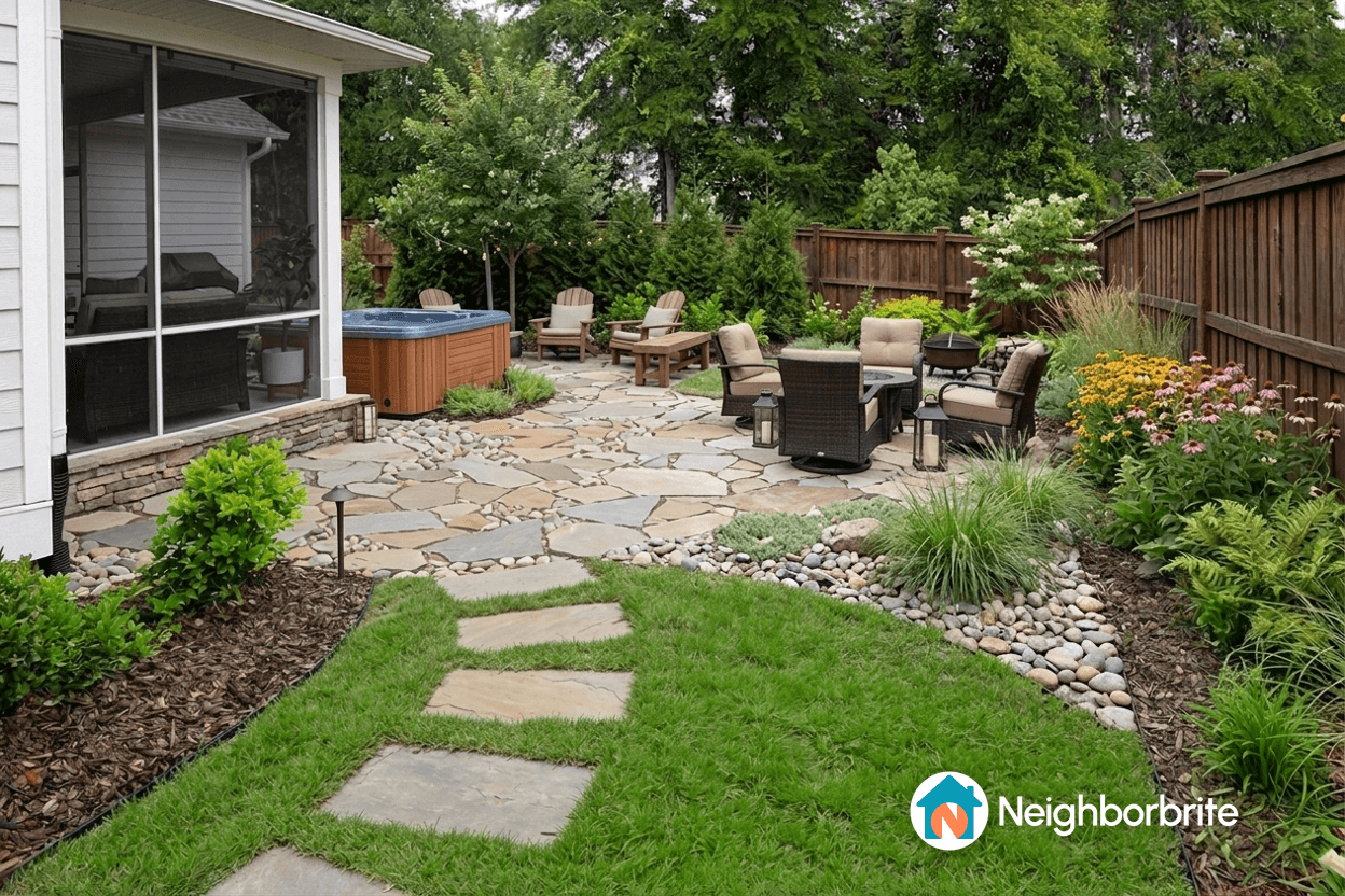 A backyard with a hot tub, seating area, and drought-resistant plants.