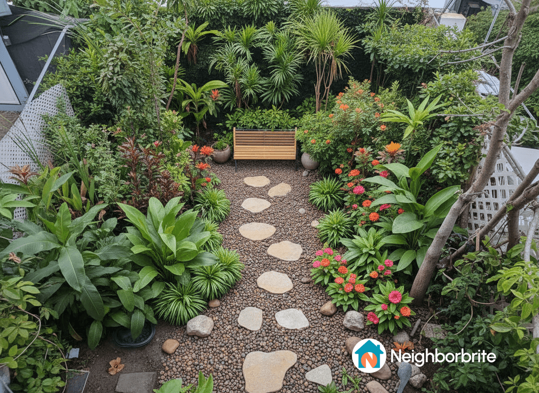 A vibrant small garden with a stone path and lush tropical plants.