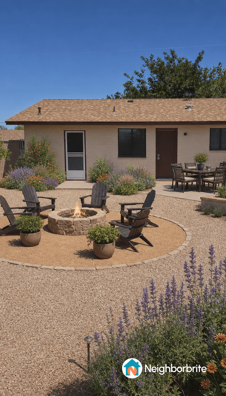 A cozy backyard with a fire pit and seating area surrounded by flowers.