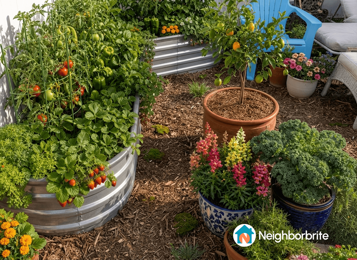 A vibrant garden with various plants in full sun, ideal for drought tolerance.