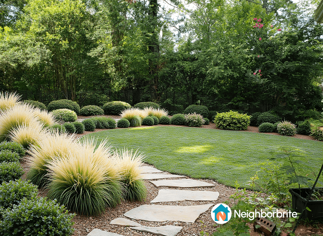 A landscaped yard with grass, bushes, and stone pathway.