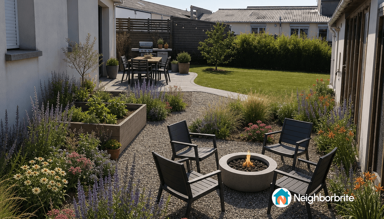 A modern outdoor area with minimal plants, seating, and a fire pit.