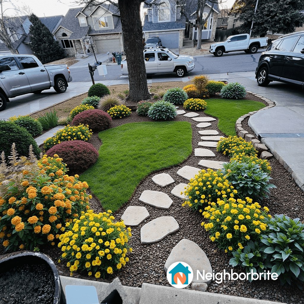 Beautifully landscaped yard with flowers and stone path.
