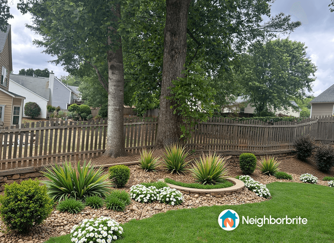 A well-designed yard with plants, rocks, and a fence, showcasing landscaping improvements.