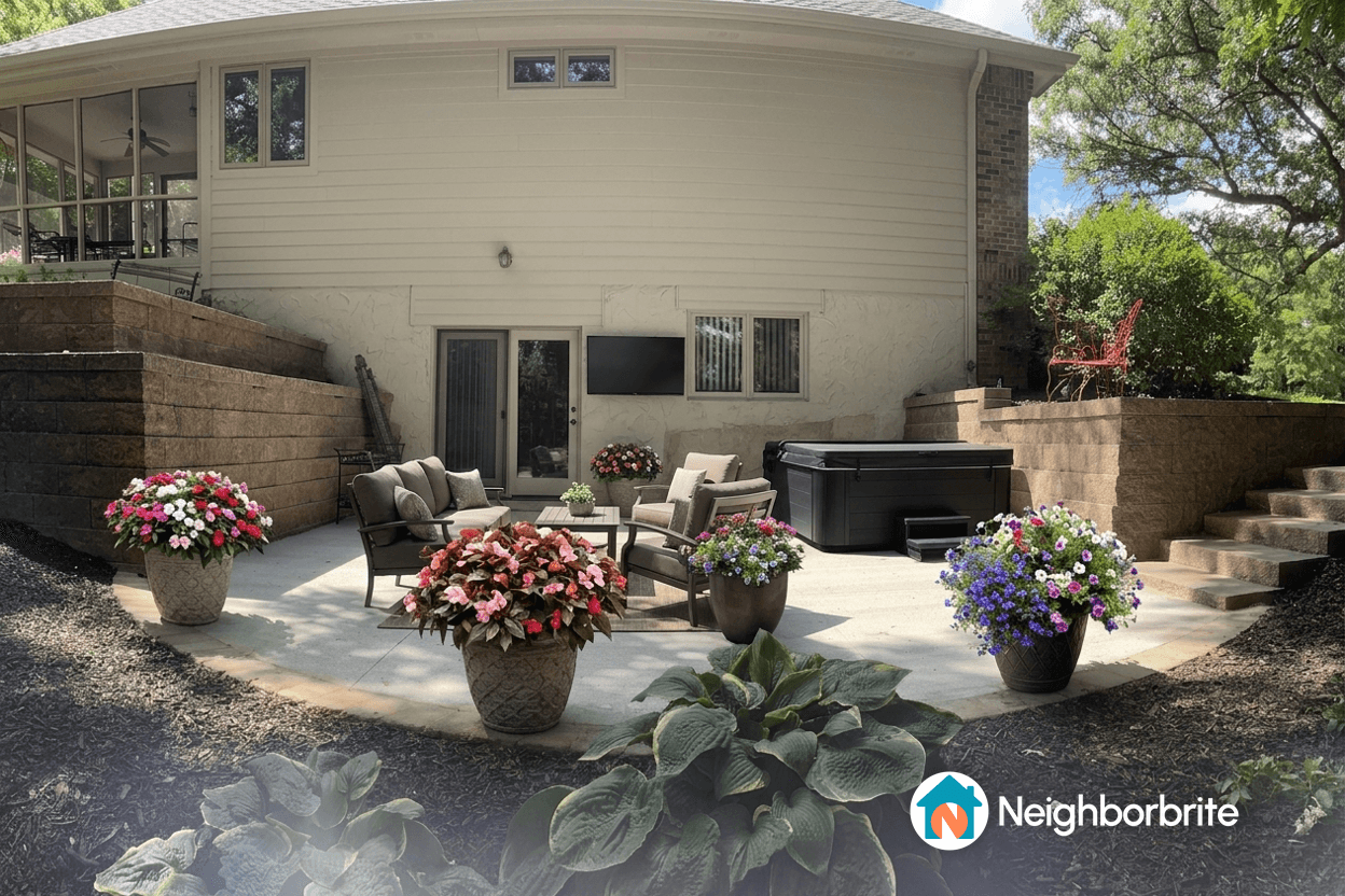 A backyard with a hot tub and seating area, flowers in pots.