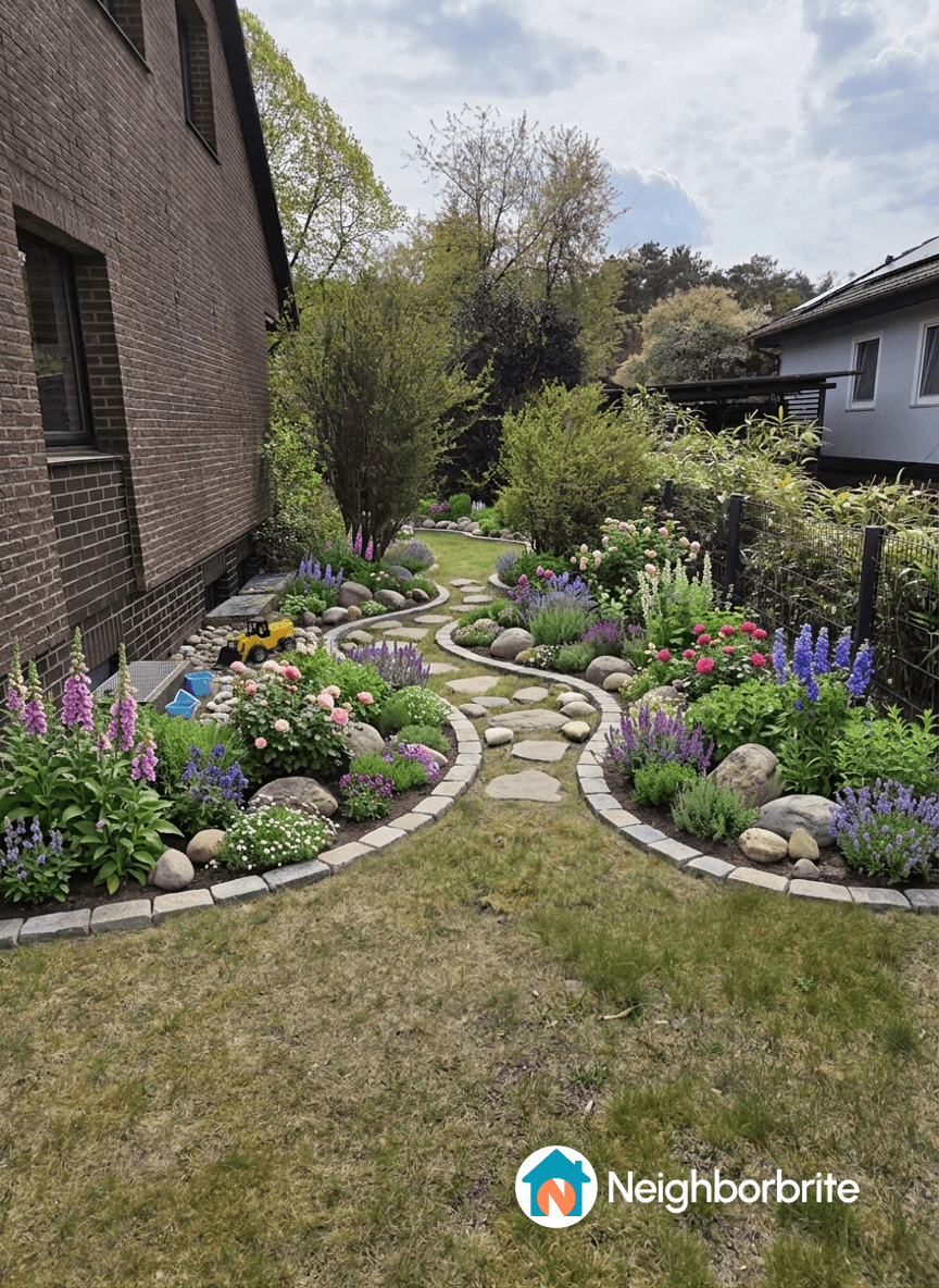 A beautifully landscaped garden with flowers and a winding path.