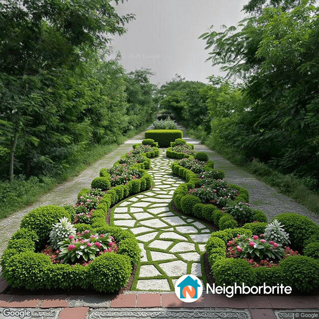 A scenic garden pathway lined with lush greenery and colorful flowers.