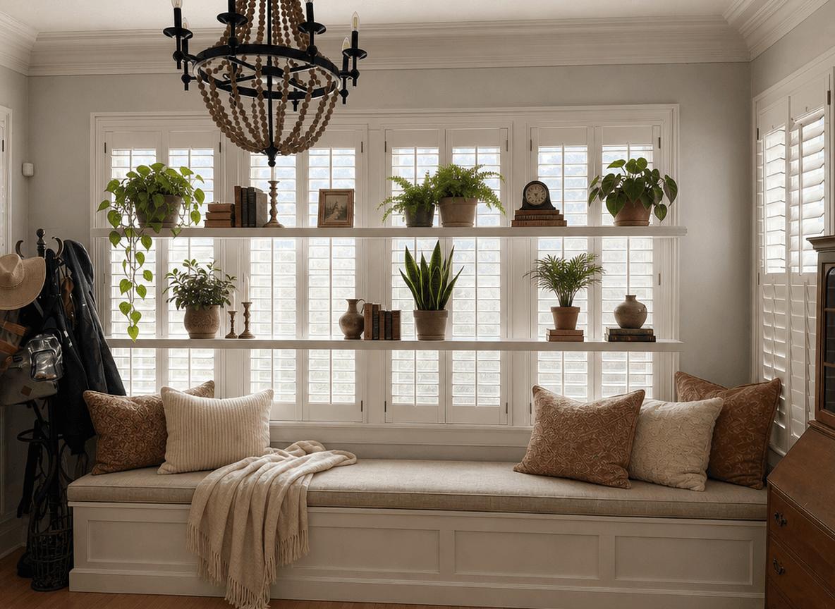 A cozy bench with pillows and plants, suggesting a redesign by removing a hat rack.