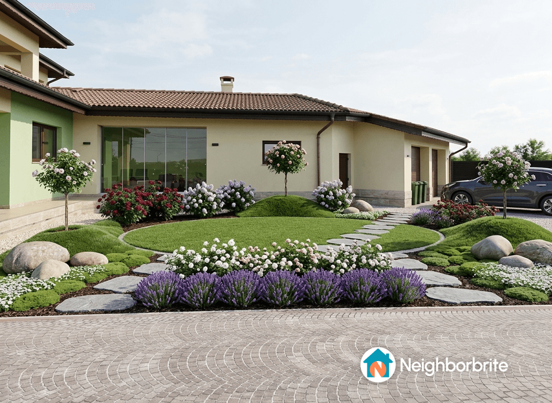 Съвременен двор с цветя, храсти и камъни, подходящ за поддръжка.