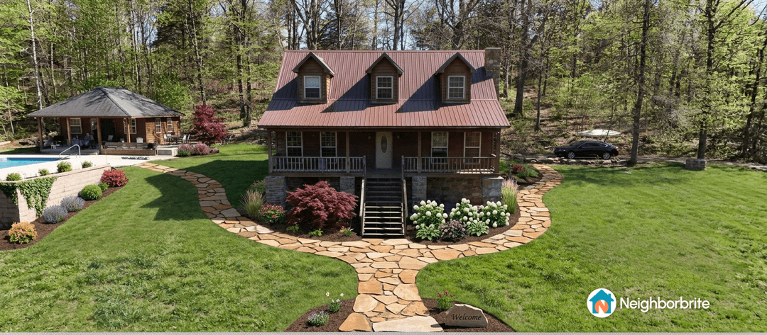 Beautiful yard with stone pathway, flowers, and a wooden house.