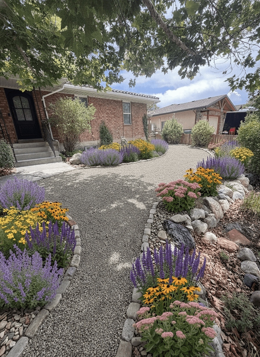 A vibrant xeriscape garden with colorful flowers and gravel pathways.