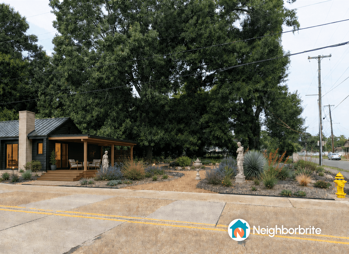 A wooded lot with a house and garden, exploring community center potential.