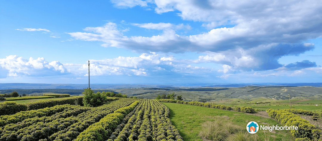 A scenic view of agricultural land with rolling hills and blue skies.