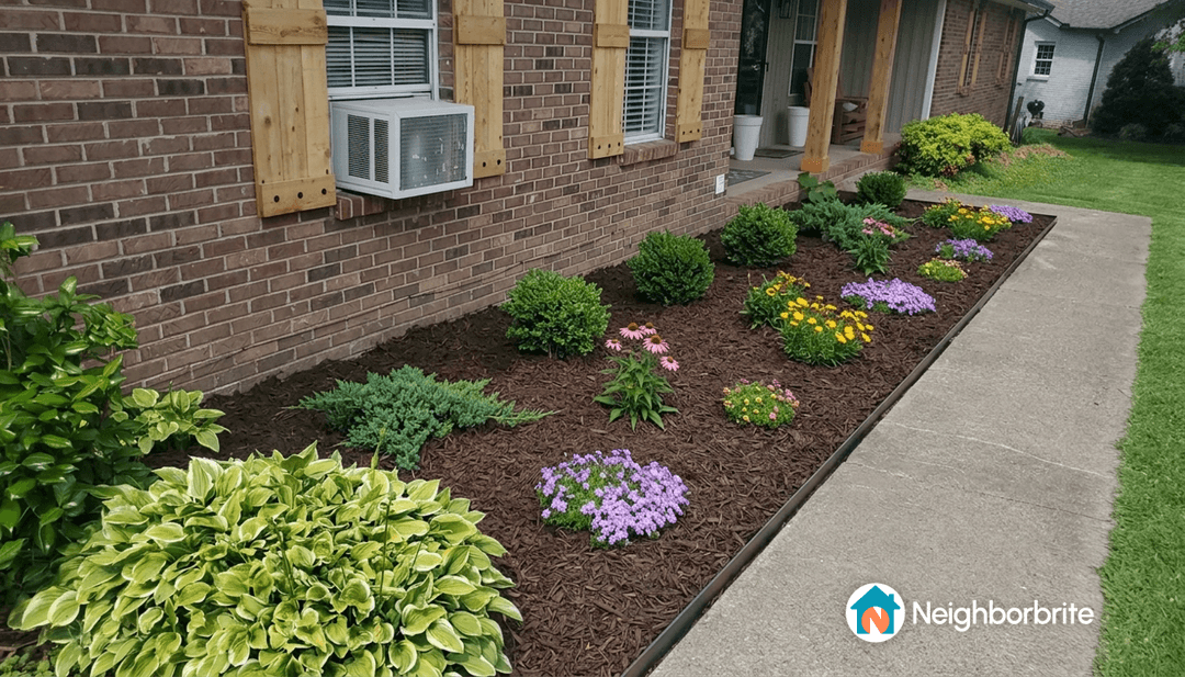 A landscaped yard with various shrubs and flowers along a brick wall.