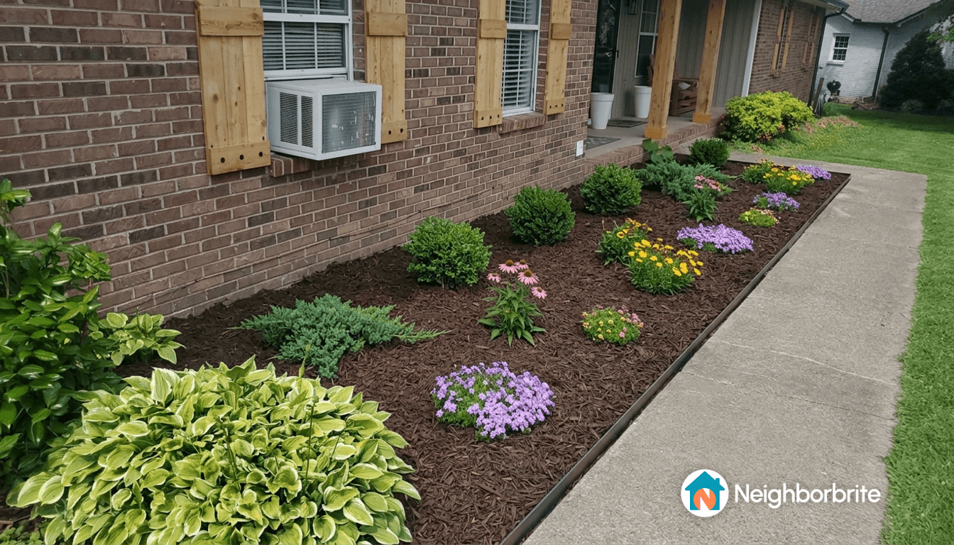 A landscaped yard with various shrubs and flowers along a brick wall.
