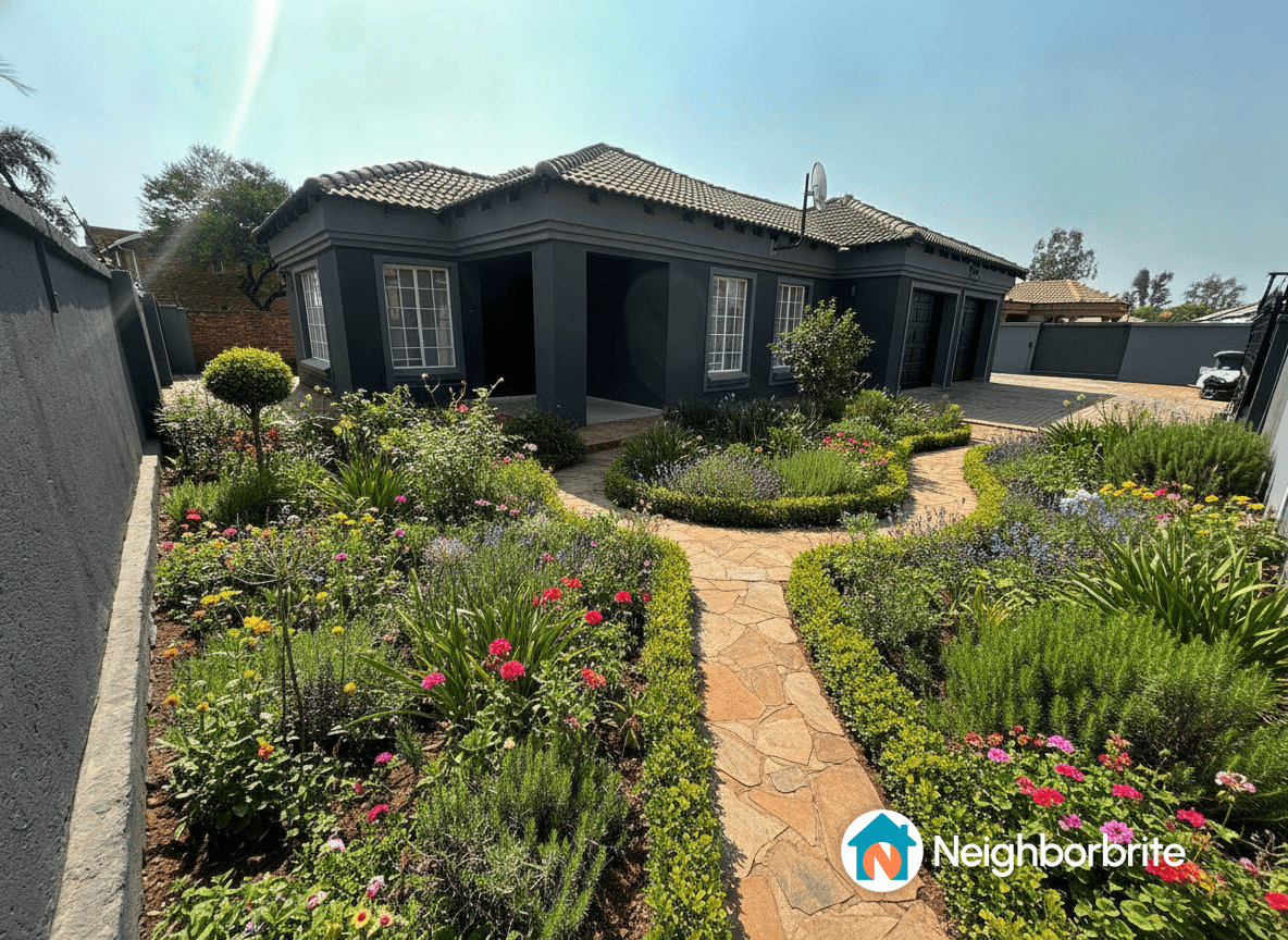 A vibrant garden with colorful flowers and a stone pathway in front of a house.