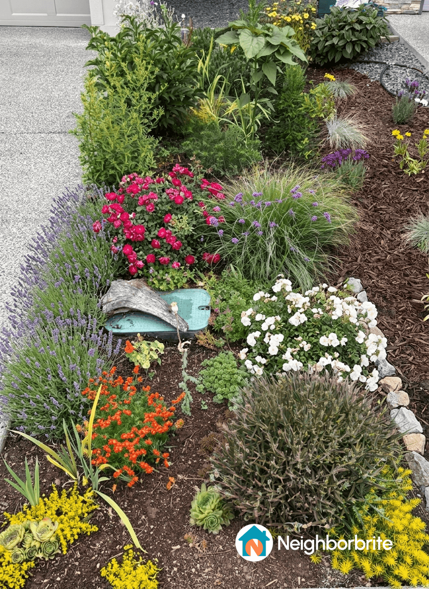 Colorful garden featuring stonecrops, lavender, and annuals.