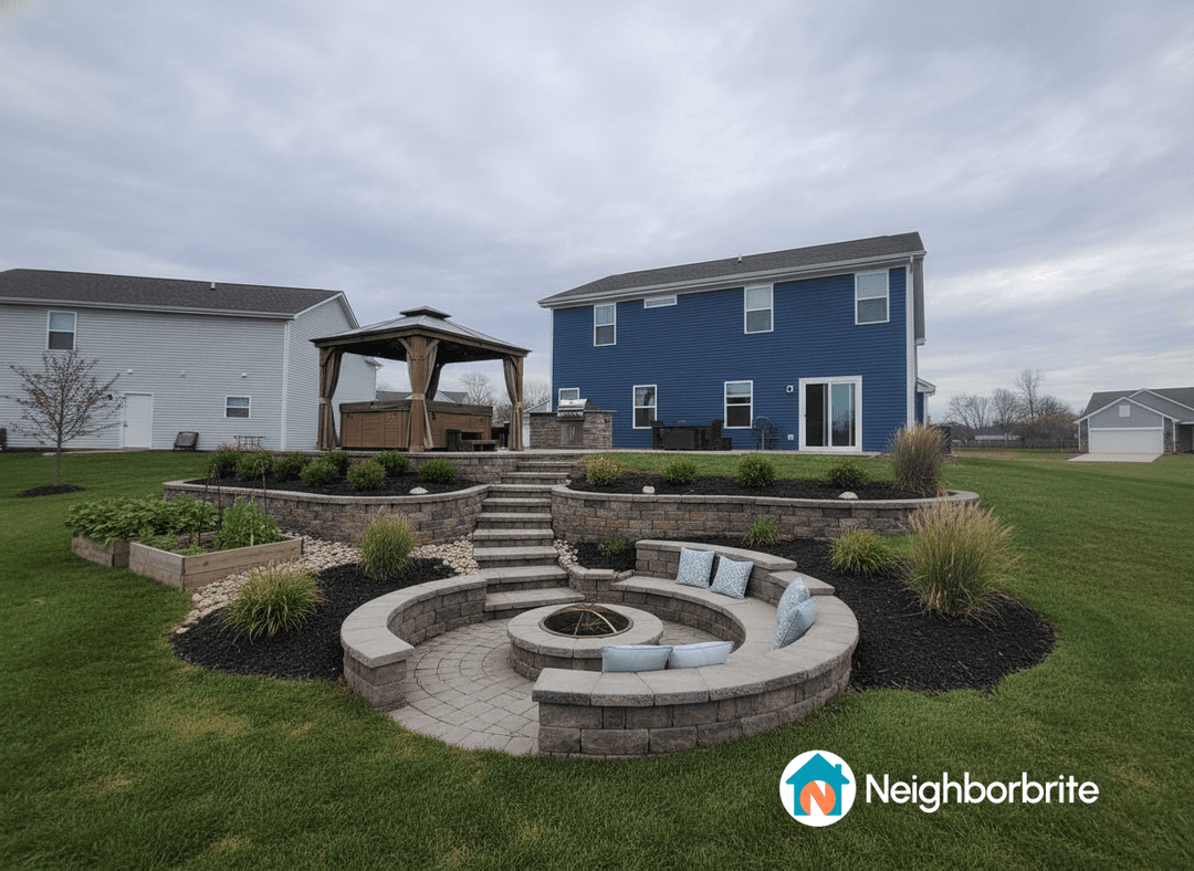Backyard with a firepit area, steps, and landscaping.