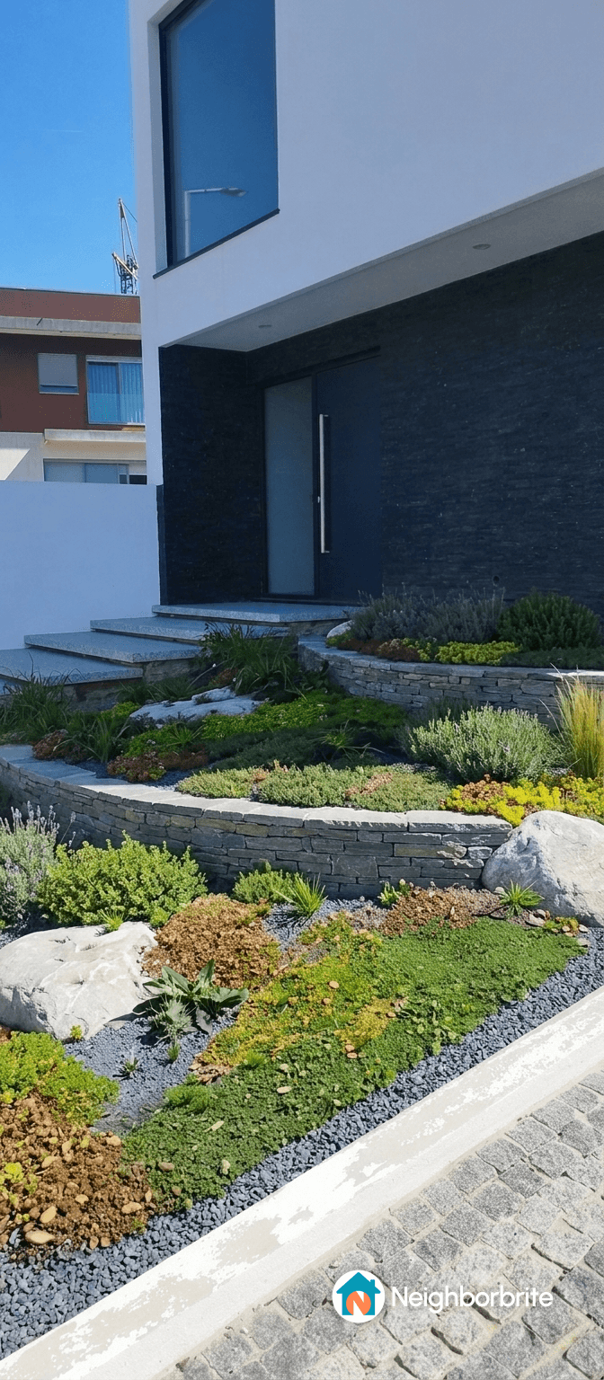 Modern luxury home entrance with minimalist landscaping.