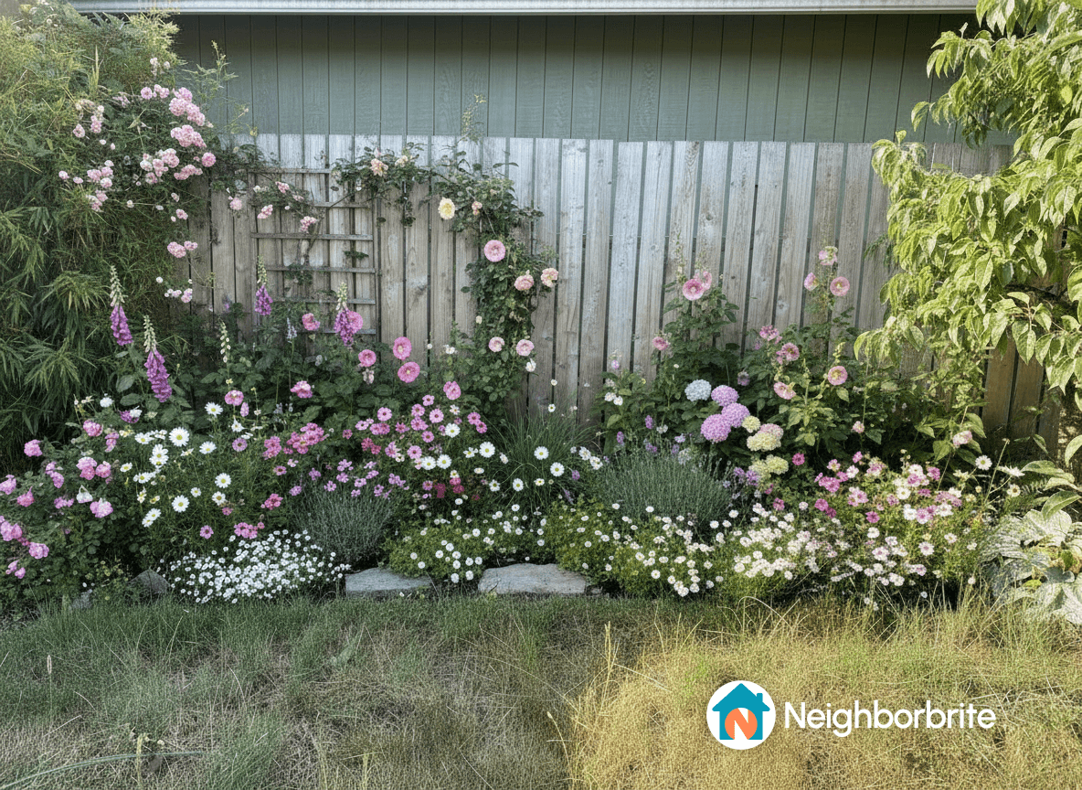 Colorful flower bed with various blooms and greenery.