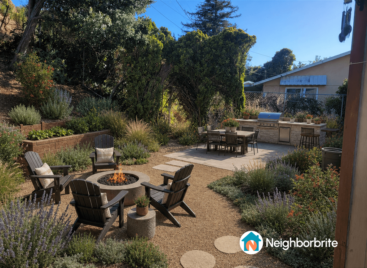 A beautiful backyard with a fire pit, seating, and outdoor kitchen.