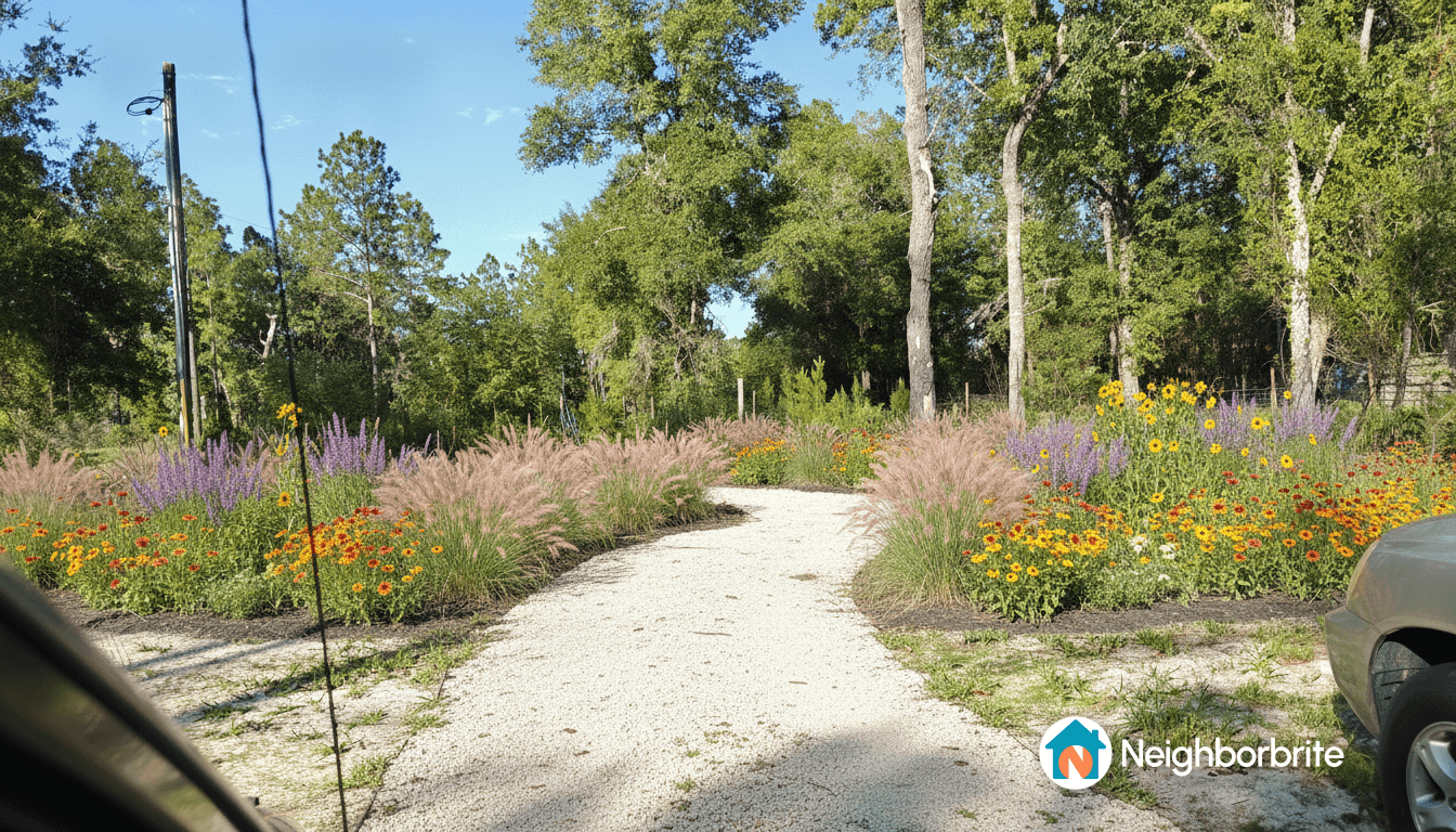 A colorful drought tolerant garden with a gravel path and various flowering plants.