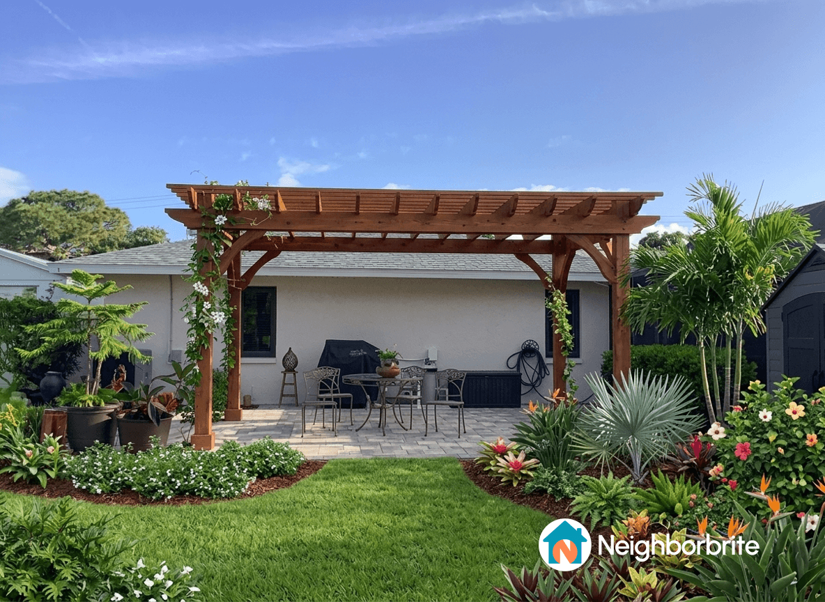 A wooden pergola in a landscaped yard with plants and seating.