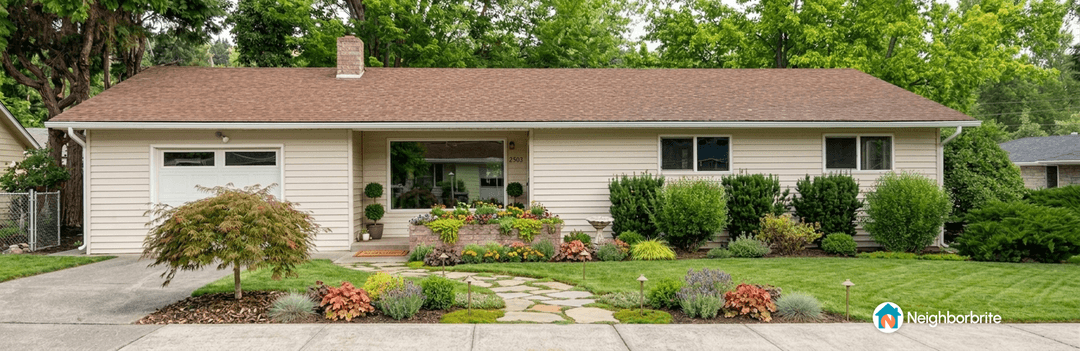 A landscaped front yard featuring a flagstone walkway.